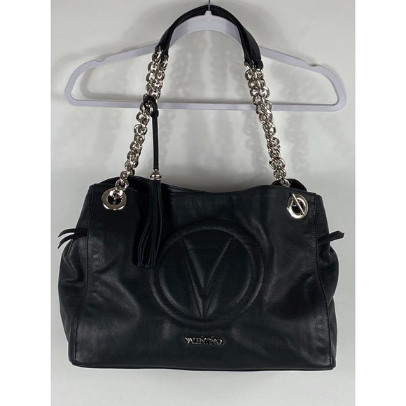 Valentino Handbags - Valentino by Mario Valentino Quilted Logo Chain Strap Leather Hand Bag Blk D137